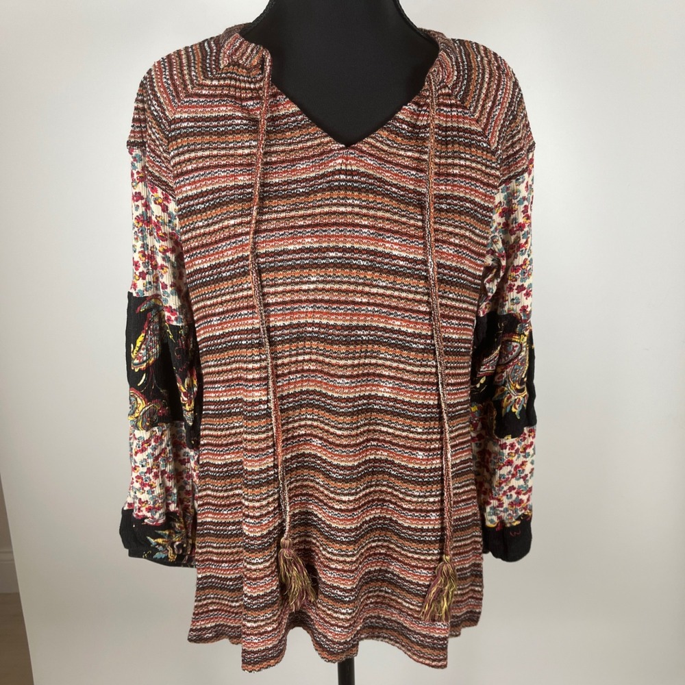 One World Live and Let Live Mixed Media Striped Boho Tassel Floral Top Size M